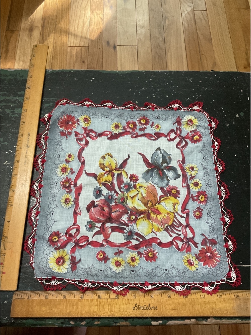 Vintage Floral Handkerchief with Crocheted Red and White Edging